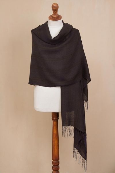 Alternate image for Iris Purple with Olive Green Woven Alpaca Fringed Shawl Iris Fields