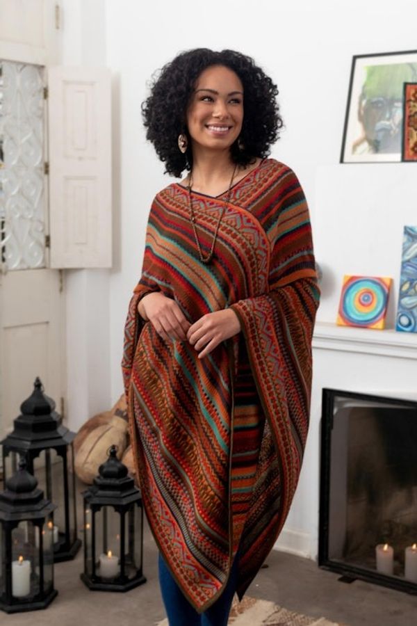 Alternate image for Red and Multi-Color Striped Acrylic Knit Poncho Rivers of Red