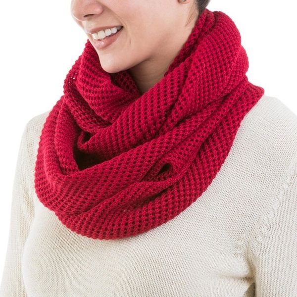 Alternate image for Peruvian Baby Alpaca Wool Infinity Scarf Knitted in Red Crimson Honeycomb