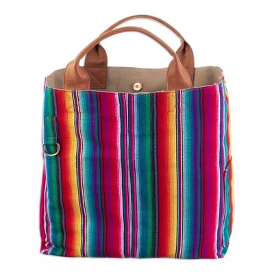 Alternate image for Striped Cotton Reversible Tote Bag with Leather Handles Inca Flair