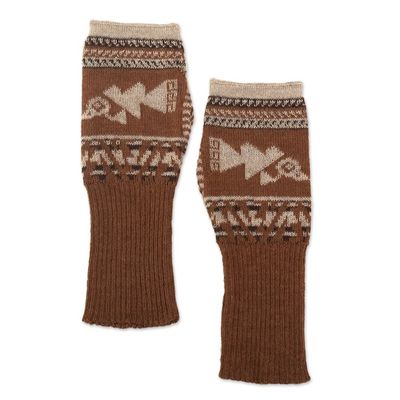 Alternate image for Chancay Motif Fingerless Gloves Chancay Icons in Burnt Sienna