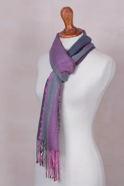 Alternate image for Baby Alpaca Blend Hand Woven Pink and Grey Striped Scarf Rosy Splendor