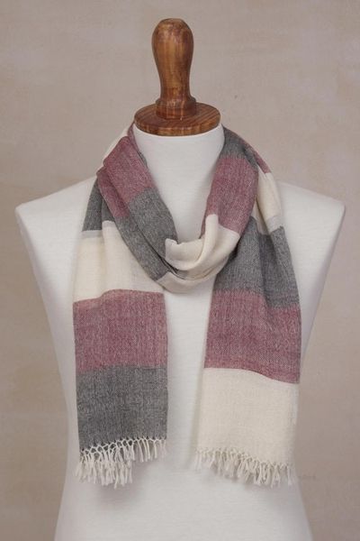 Alternate image for 100 Alpaca Wool Dark Red Off White and Black Striped Scarf Favorite Cabernet