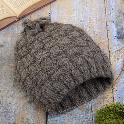 Alternate image for Natural Grey Hand Knit Alpaca Combination Hat and Neck Cover Checkerboard Warmth