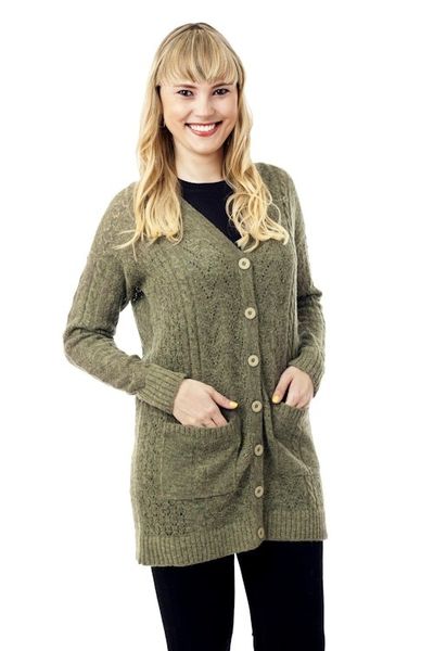Alternate image for Cable Knit Baby Apaca Blend Cardigan in Olive from Peru Comfortable Charm in Olive