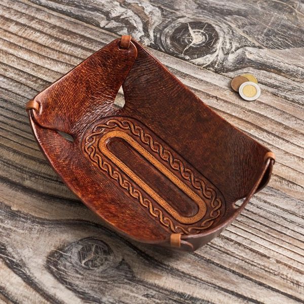 Alternate image for Leather Catch All Handcrafted in Peru of Tooled Leather Brown Lasso Labyrinth