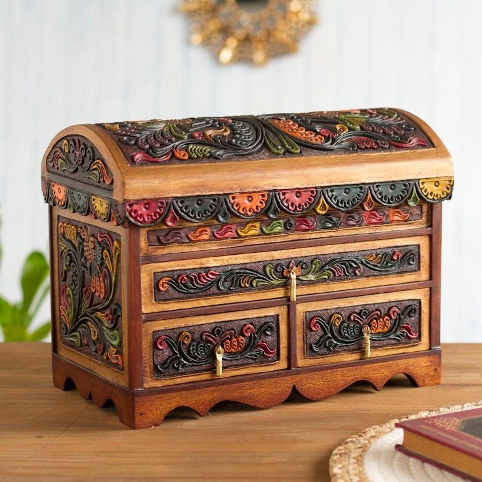 Multicolor Wood and Leather Jewelry Box from Peru 'Antique Treasure'