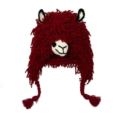Alternate image for Furry Red Llama Beanie Hat from Peru Smiling Llama