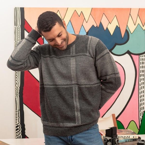 Alternate image for 100 Alpaca Mens Pullover Sweater in Tones of Grey Modern Tartan