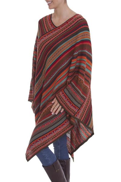 Alternate image for Red and Multi-Color Striped Acrylic Knit Poncho Rivers of Red