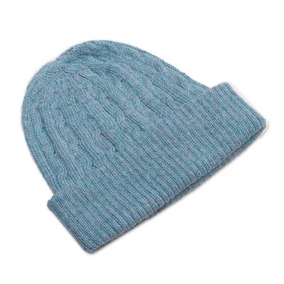 Alternate image for Robins Egg Blue 100 Alpaca Soft Cable Knit Hat from Peru Comfy in Blue