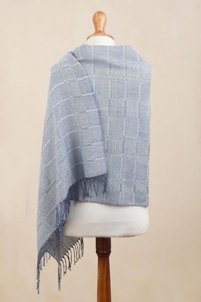Alternate image for Powder Blue Patterned Handwoven Baby Alpaca Shawl Whispering Blue