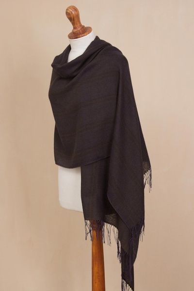 Alternate image for Iris Purple with Olive Green Woven Alpaca Fringed Shawl Iris Fields