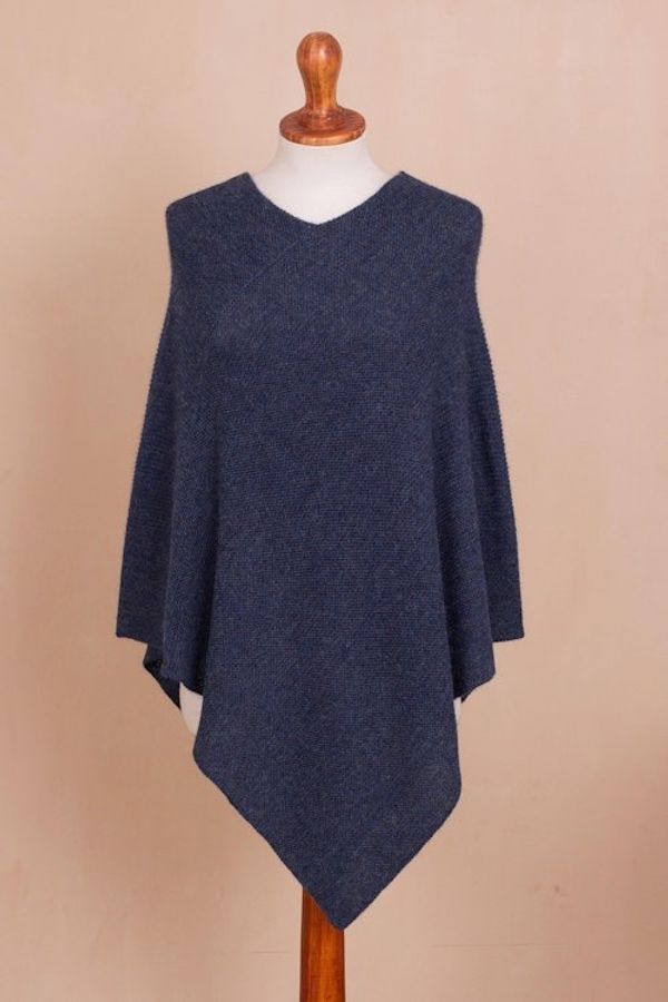 Alternate image for Knit Indigo 100 Alpaca Poncho from Peru Enchanted Evening in Indigo