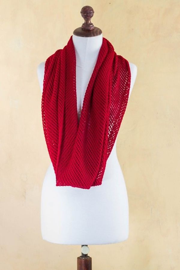 Alternate image for Peruvian Baby Alpaca Wool Infinity Scarf Knitted in Red Crimson Honeycomb