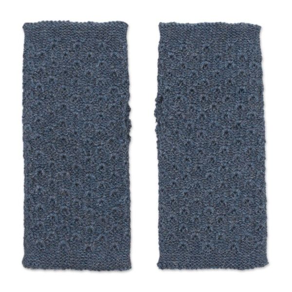 Alternate image for Patterned 100 Baby Alpaca Fingerless Mitts in Teal Gossamer Teal