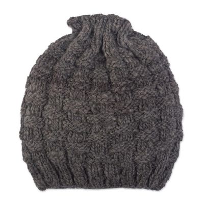 Alternate image for Natural Grey Hand Knit Alpaca Combination Hat and Neck Cover Checkerboard Warmth