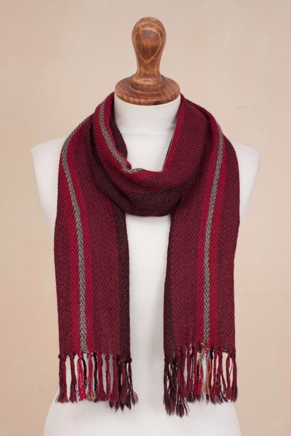 Alternate image for Handwoven 100 Alpaca Wrap Scarf in Crimson from Peru Andean Zigzag in Crimson