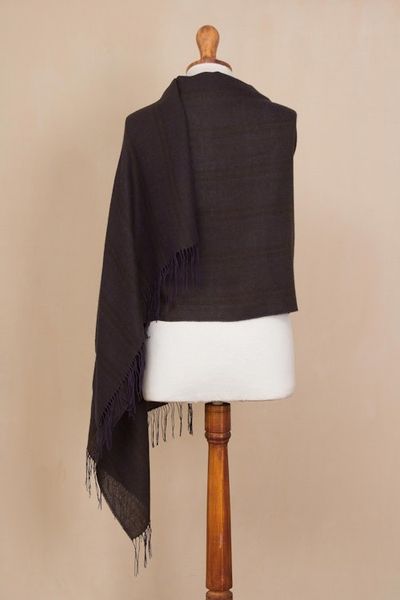 Alternate image for Iris Purple with Olive Green Woven Alpaca Fringed Shawl Iris Fields