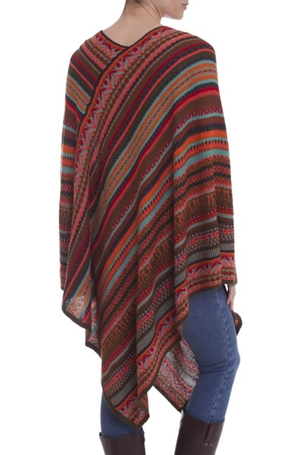 Alternate image for Red and Multi-Color Striped Acrylic Knit Poncho Rivers of Red
