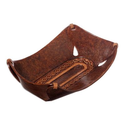Alternate image for Leather Catch All Handcrafted in Peru of Tooled Leather Brown Lasso Labyrinth