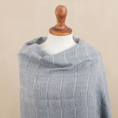 Alternate image for Powder Blue Patterned Handwoven Baby Alpaca Shawl Whispering Blue
