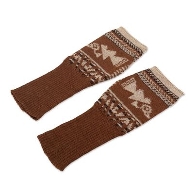 Alternate image for Chancay Motif Fingerless Gloves Chancay Icons in Burnt Sienna