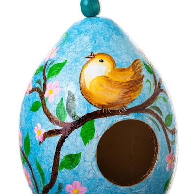 Alternate image for Blue Dried Gourd Birdhouse with Bird on a Flowering Tree Daybreak Courtyard