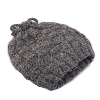 Alternate image for Natural Grey Hand Knit Alpaca Combination Hat and Neck Cover Checkerboard Warmth