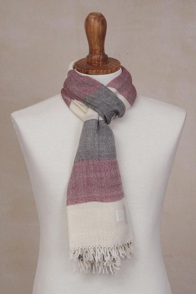 Alternate image for 100 Alpaca Wool Dark Red Off White and Black Striped Scarf Favorite Cabernet