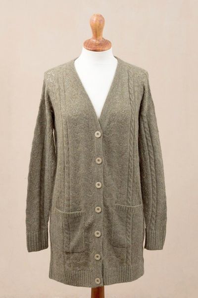 Alternate image for Cable Knit Baby Apaca Blend Cardigan in Olive from Peru Comfortable Charm in Olive