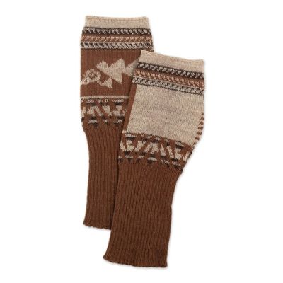 Alternate image for Chancay Motif Fingerless Gloves Chancay Icons in Burnt Sienna
