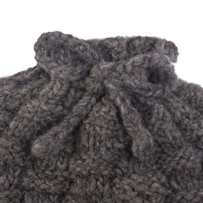 Alternate image for Natural Grey Hand Knit Alpaca Combination Hat and Neck Cover Checkerboard Warmth