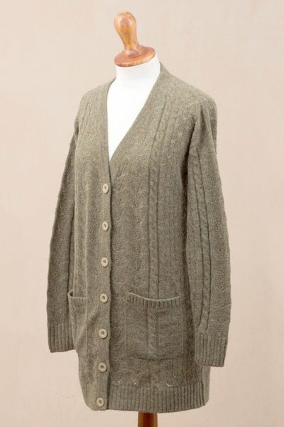 Alternate image for Cable Knit Baby Apaca Blend Cardigan in Olive from Peru Comfortable Charm in Olive
