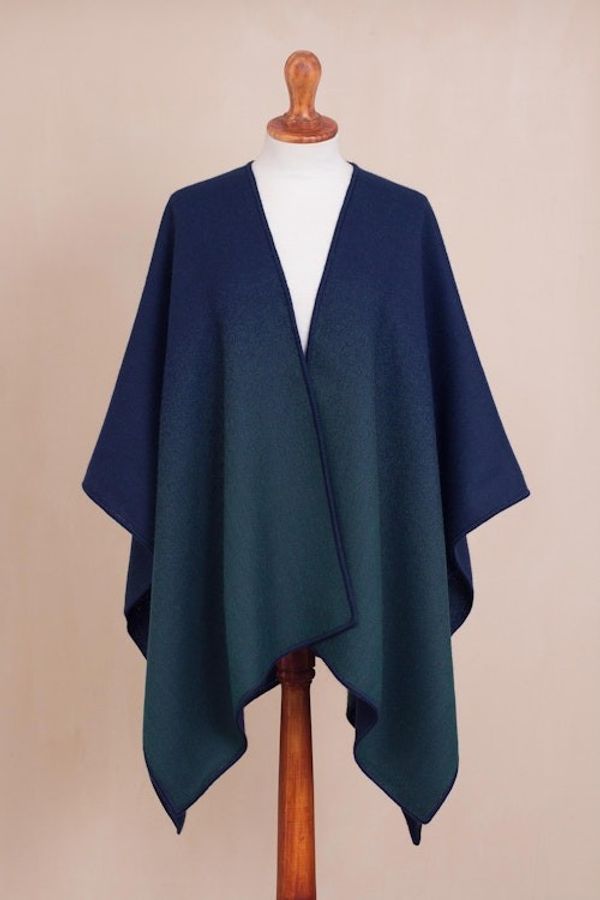 Alternate image for Reversible Alpaca Blend Ruana in Navy and Kelly Green Andean Vistas