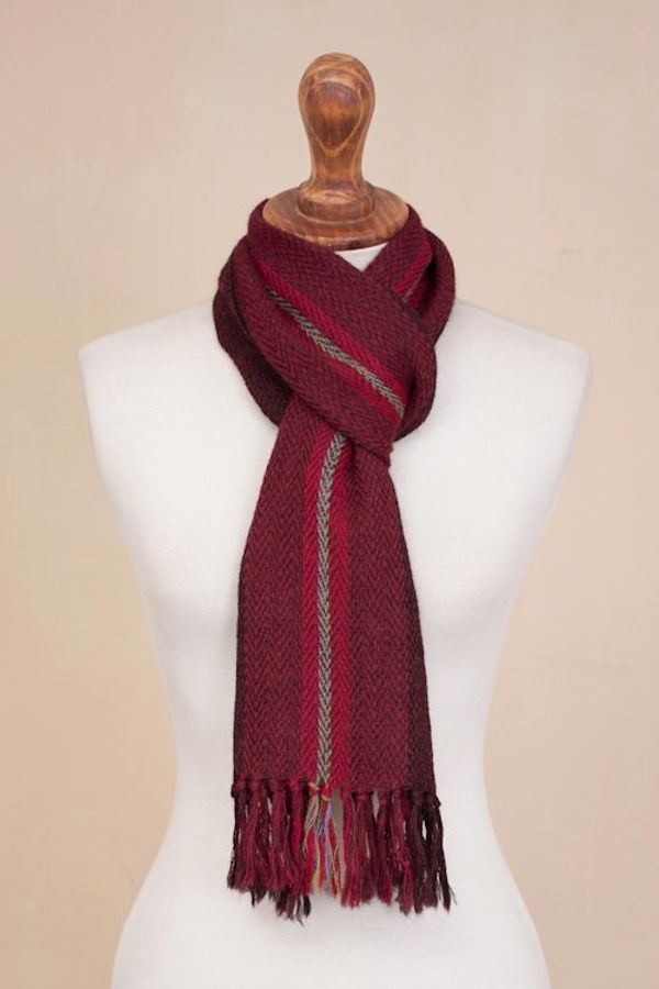 Alternate image for Handwoven 100 Alpaca Wrap Scarf in Crimson from Peru Andean Zigzag in Crimson