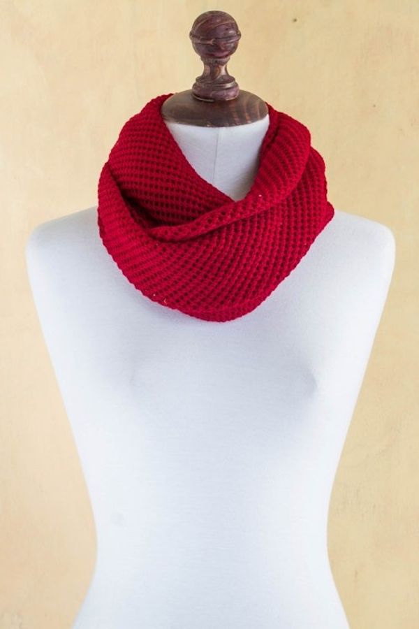 Alternate image for Peruvian Baby Alpaca Wool Infinity Scarf Knitted in Red Crimson Honeycomb