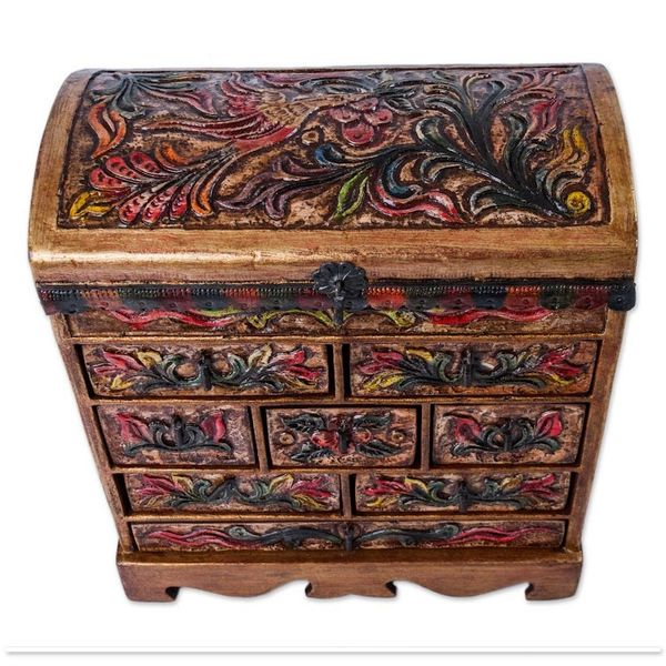 Alternate image for Unique Leather and Wood Bird Jewelry Box Bright Hummingbird
