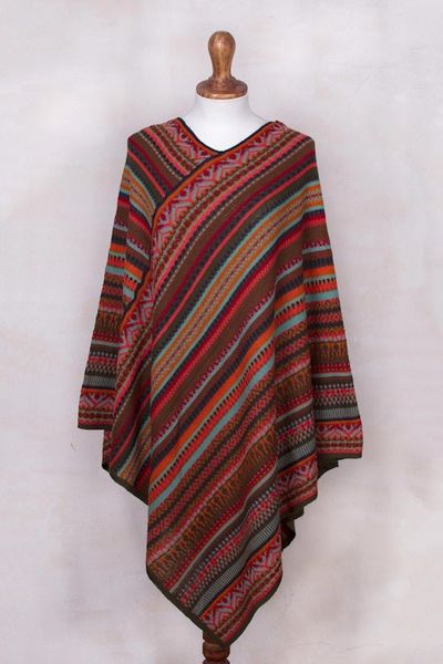 Alternate image for Red and Multi-Color Striped Acrylic Knit Poncho Rivers of Red