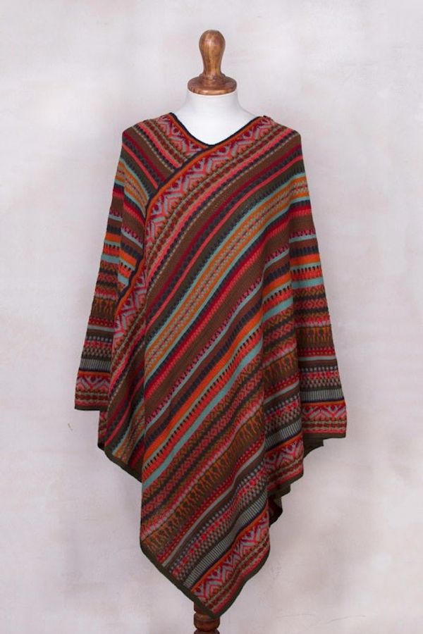 Alternate image for Red and Multi-Color Striped Acrylic Knit Poncho Rivers of Red