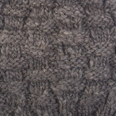 Alternate image for Natural Grey Hand Knit Alpaca Combination Hat and Neck Cover Checkerboard Warmth
