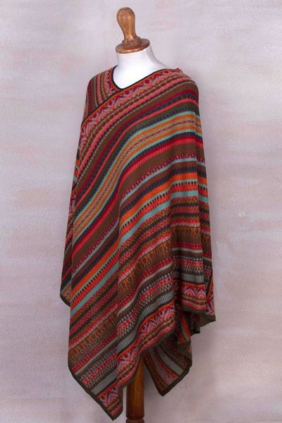 Alternate image for Red and Multi-Color Striped Acrylic Knit Poncho Rivers of Red