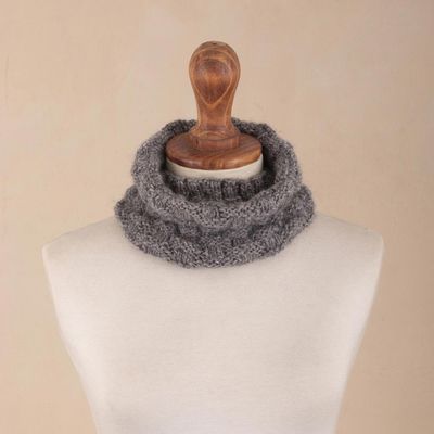 Alternate image for Natural Grey Hand Knit Alpaca Combination Hat and Neck Cover Checkerboard Warmth