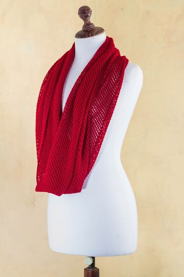 Alternate image for Peruvian Baby Alpaca Wool Infinity Scarf Knitted in Red Crimson Honeycomb