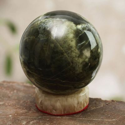 Alternate image for Serpentine Sphere Sculpture with Calcite Base Marine Depths