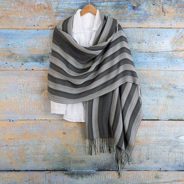 Alternate image for Handloomed Baby Alpaca Blend Striped Shawl in Black and Grey Classic Shades