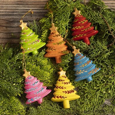 Alternate image for Handcrafted Tree Ornaments Set of 6 Colorful Evergreens