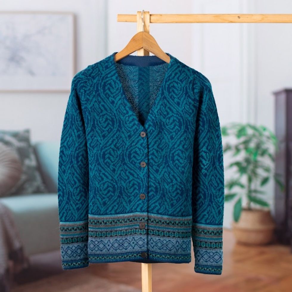 Teal 100 Alpaca Wool Cardigan Sweater from Peru 'Dreamy Blues'