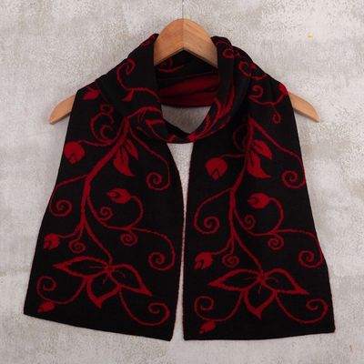 Alternate image for Leafy Black and Red Reversible Alpaca Blend Scarf from Peru Crimson Vines