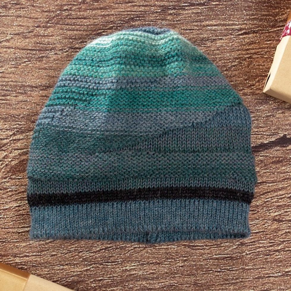 Knit 100 Alpaca Hat in Blue and Teal Shades from Peru 'Shades of Blue'